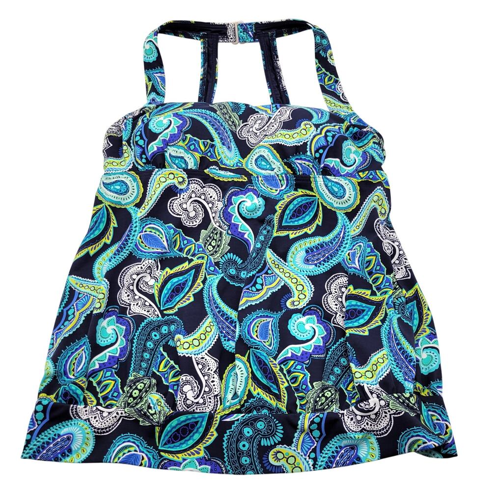 Lands' End Blouson Tankini Top 10 Blue Teal Paisley Halter Tropical Swimsuit